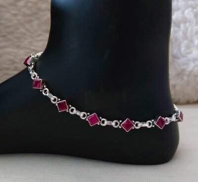 Ruby square cut stone silver payal