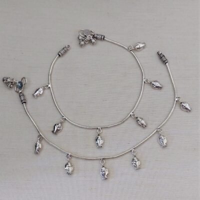 Oxidised fish charms silver anklet