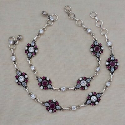 Ruby floral kundan silver payal