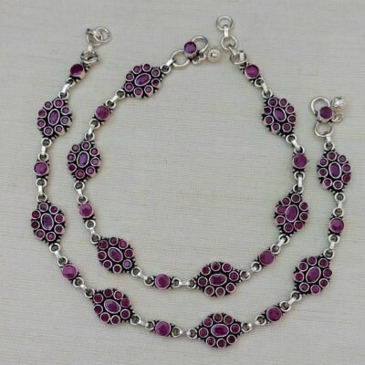 Ruby floral kundan silver payal