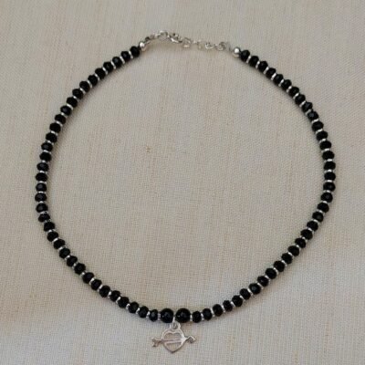 Heart charm black nazaria silver anklet