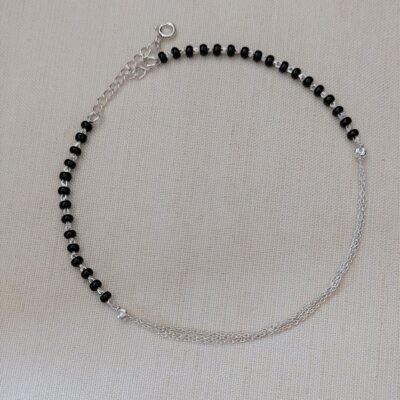 Black beads chain bunch silver anklet