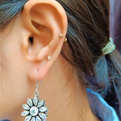 White floral kundan silver earings