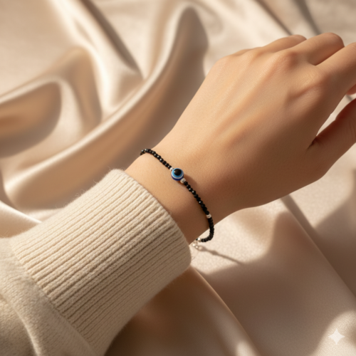 Evil eye black beads silver bracelet
