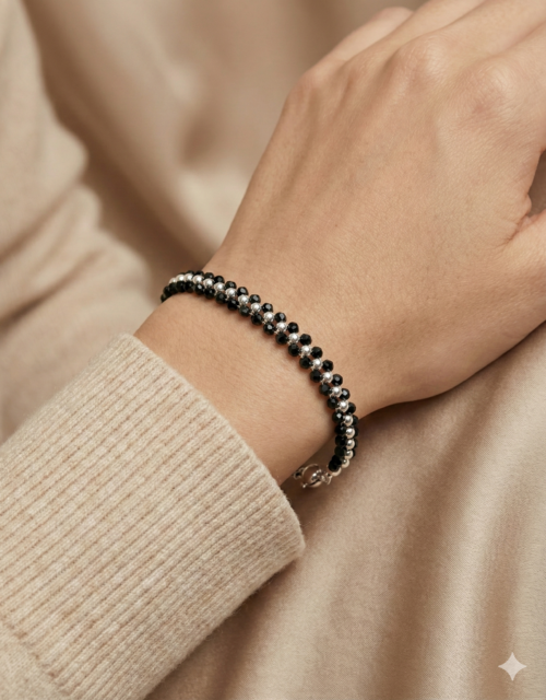 Black beads silver bracelet