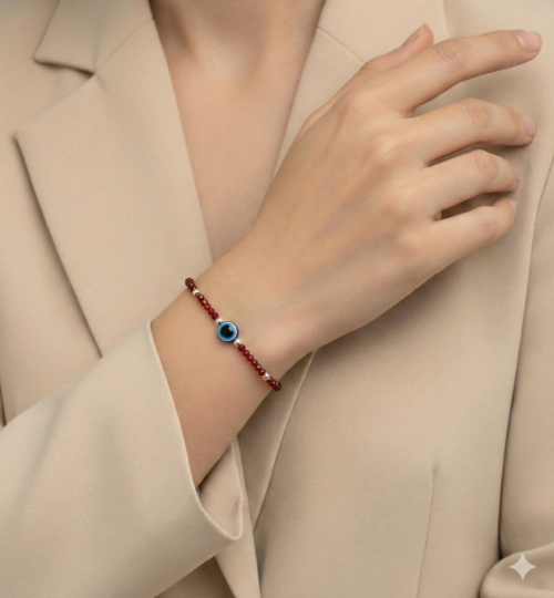 Red beads evil eye silver bracelet