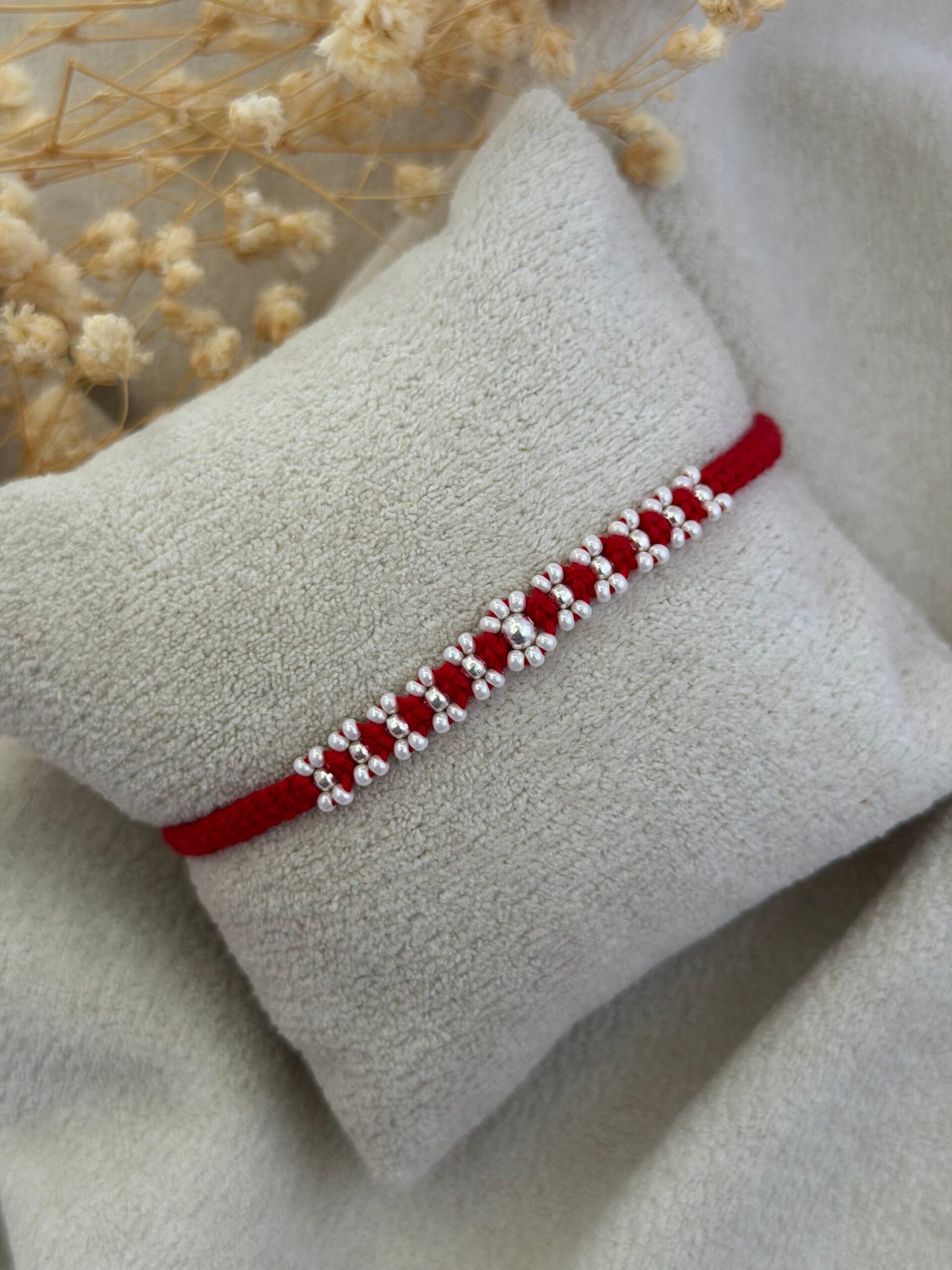 Floral Red Silver Rakhi