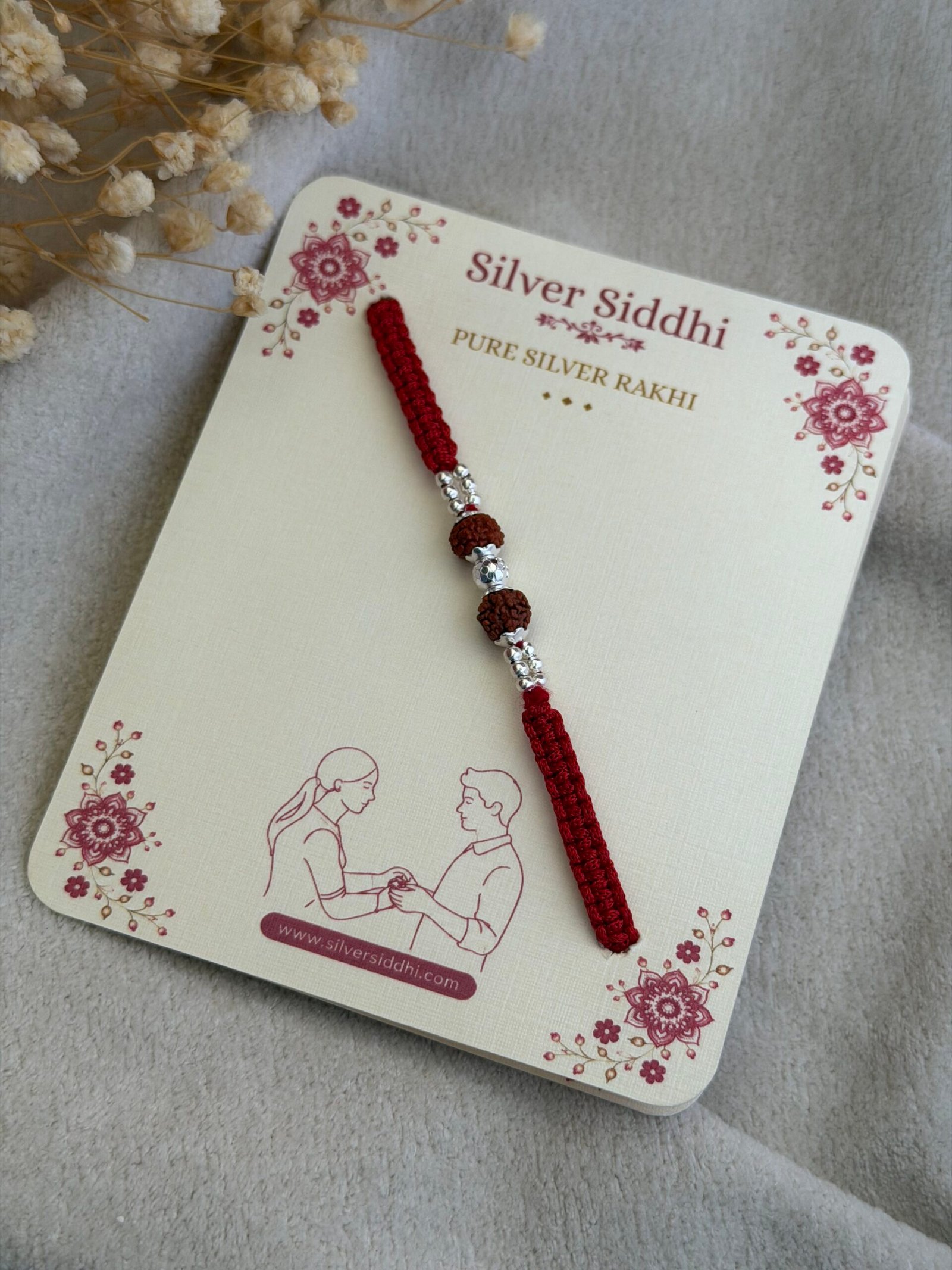 Rudraksha Rakhi with Diamond-Cut CNC Silver Bead red - Image 3