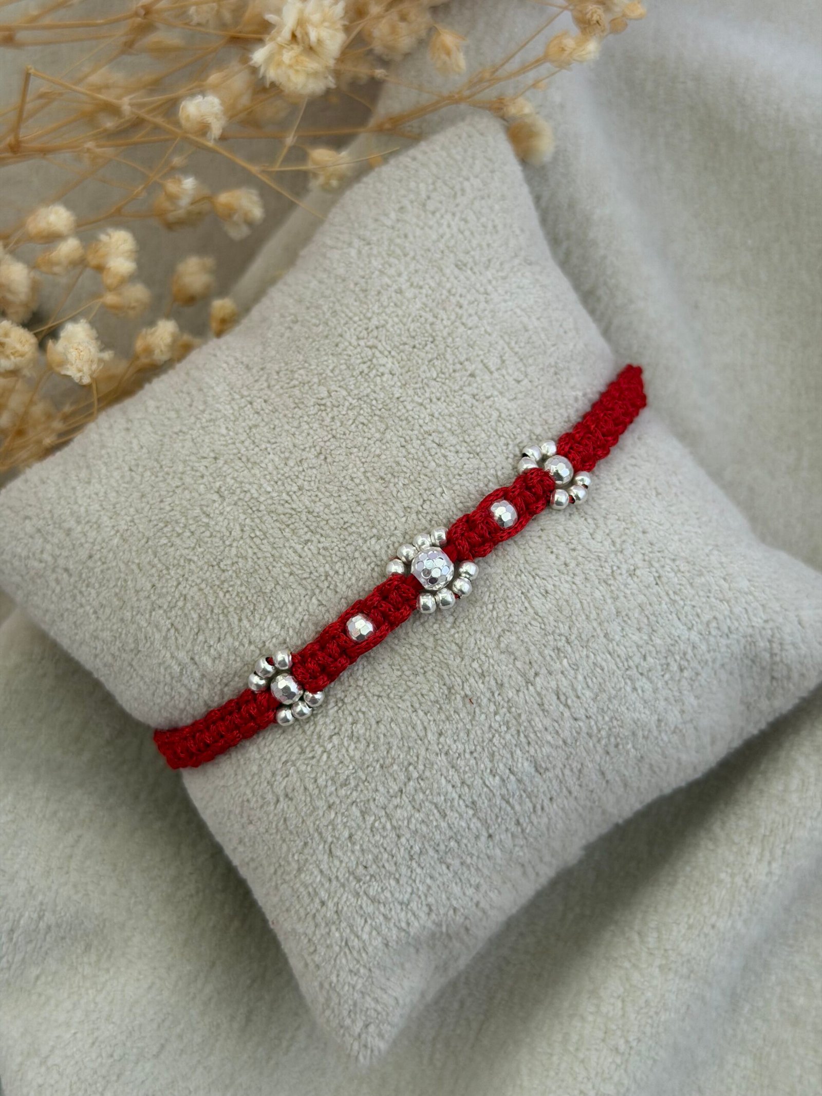Floral Red Silver Rakhi