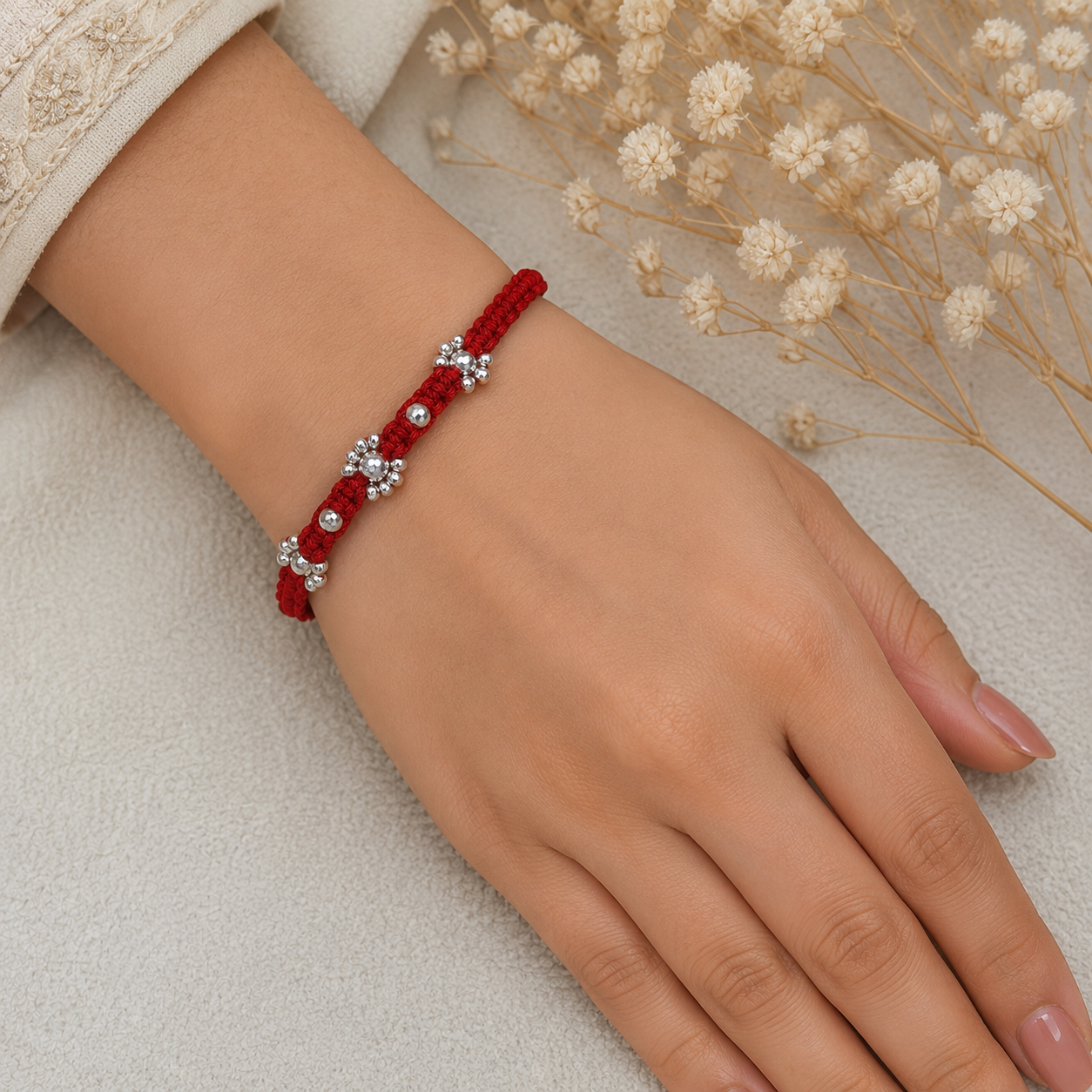 Floral Red Silver Rakhi - Image 3