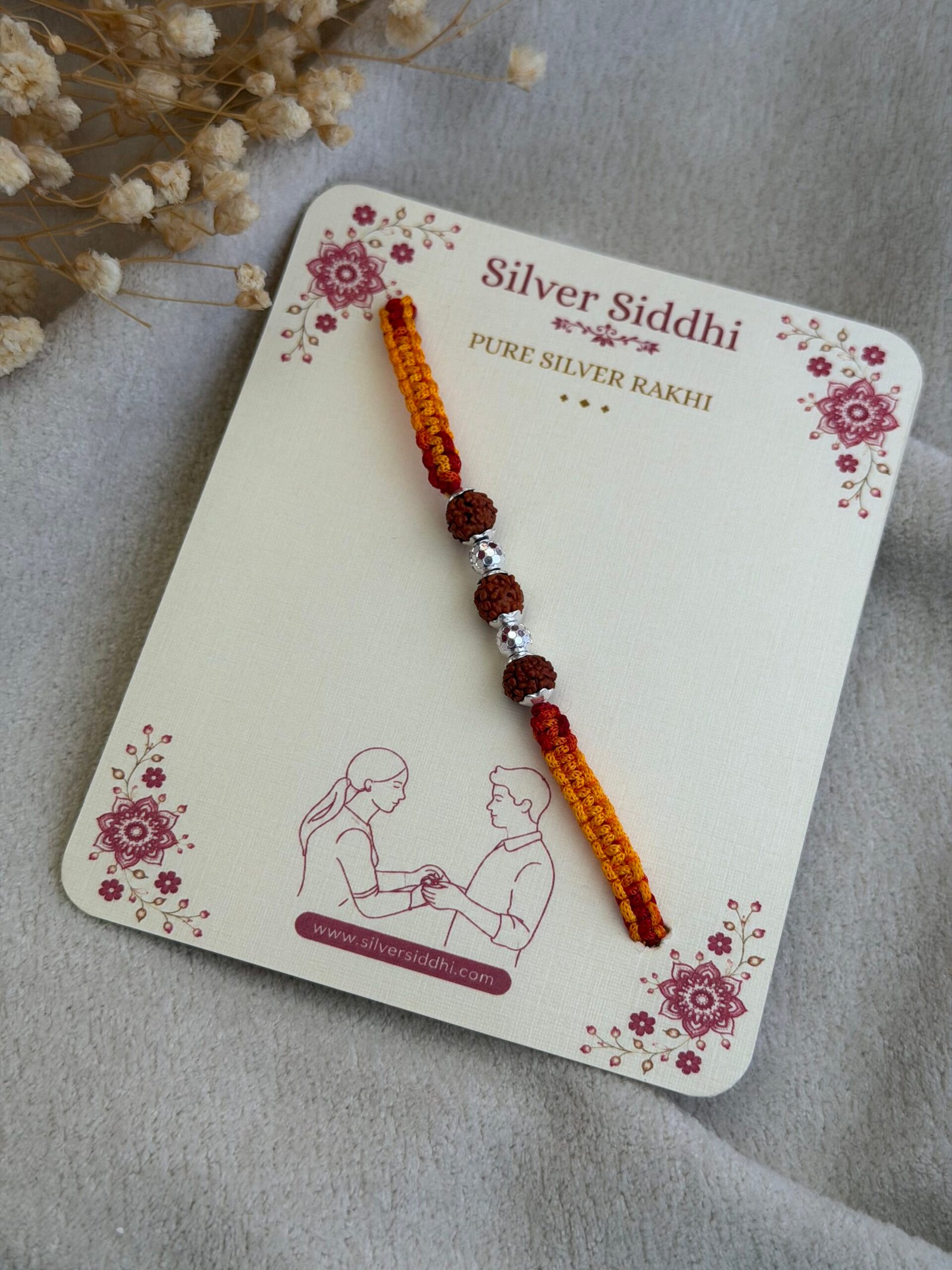 3 Rudraksha Rakhi with Diamond-Cut CNC Silver Bead red - Image 3