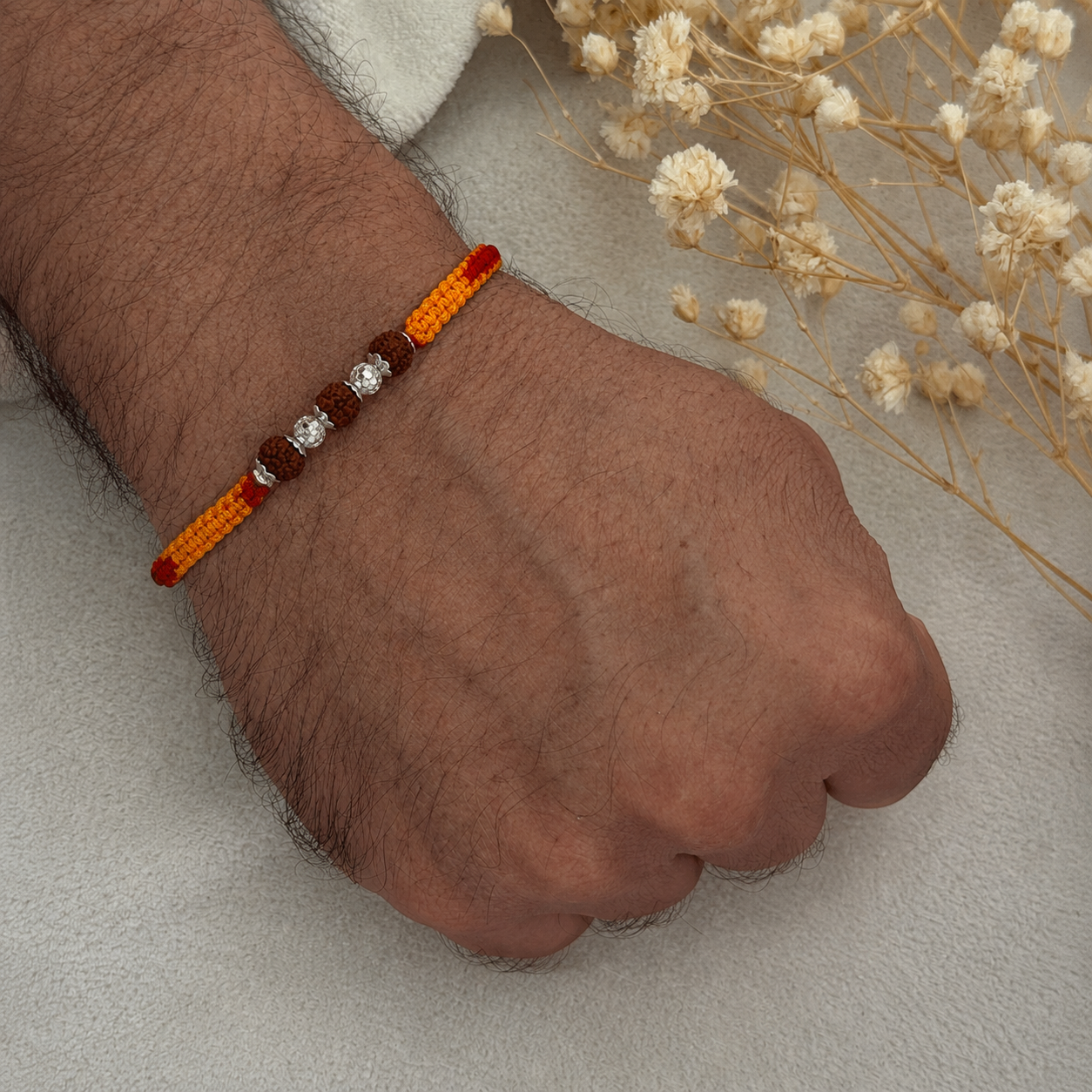 3 Rudraksha Rakhi with Diamond-Cut CNC Silver Bead red - Image 2