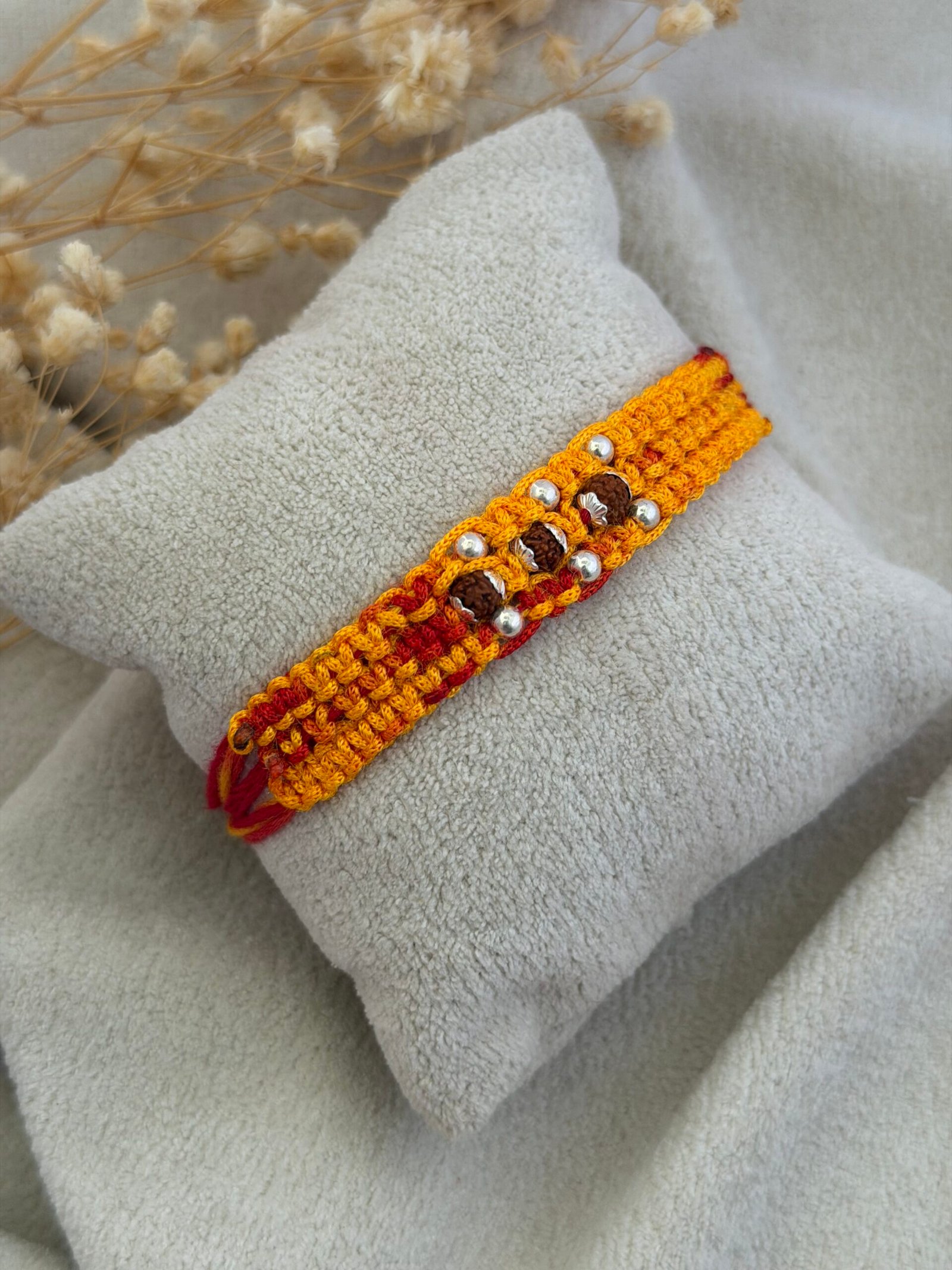 3 Rudraksha wide strip moli silver rakhi
