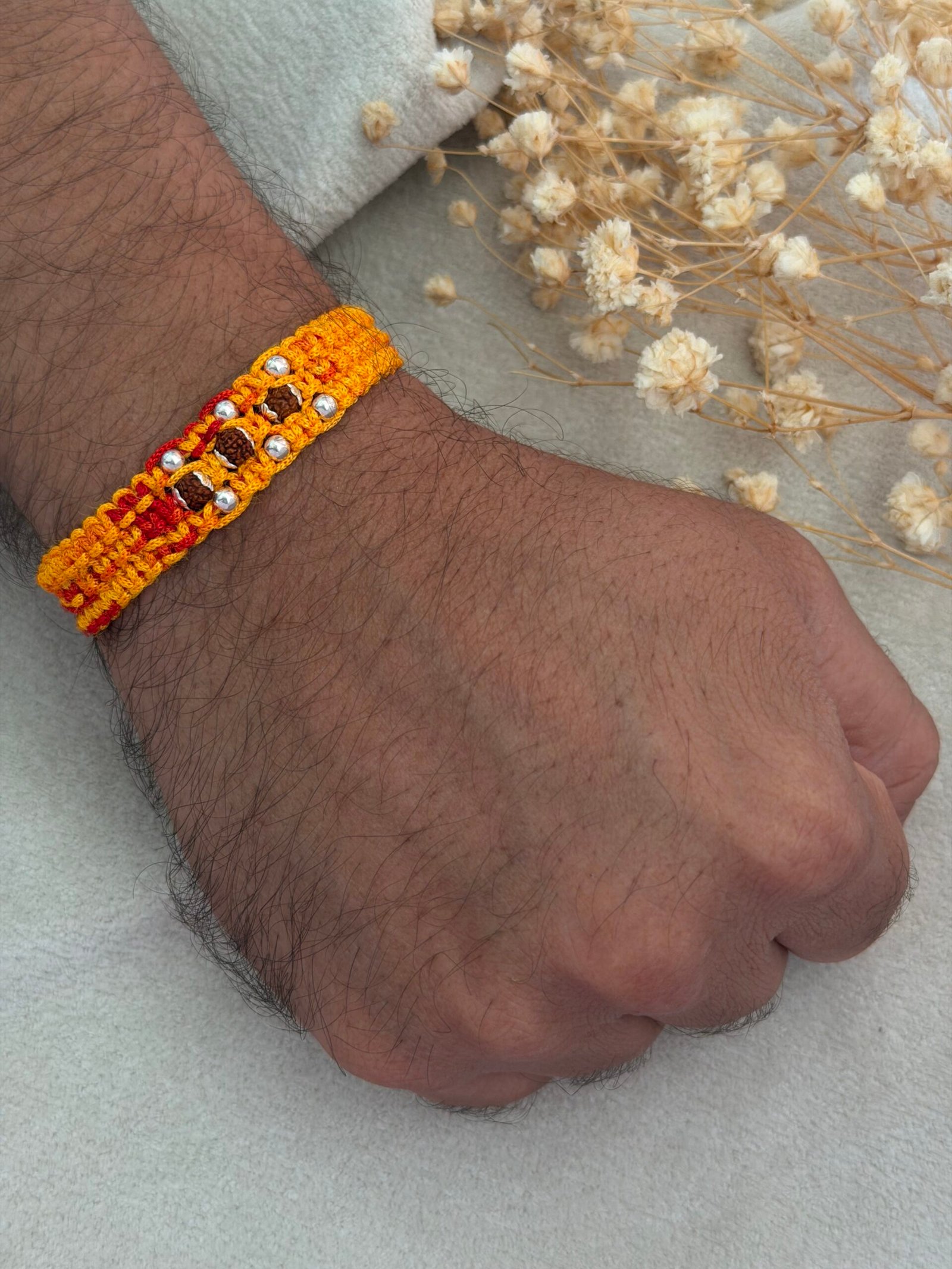 3 Rudraksha wide strip moli silver rakhi - Image 2