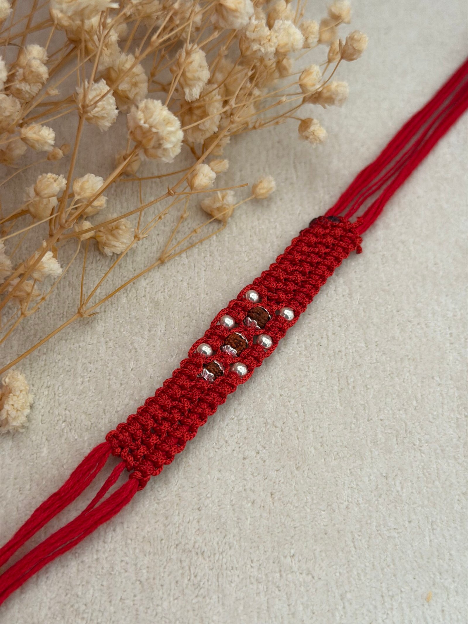 3 Rudraksha wide strip red silver rakhi - Image 4