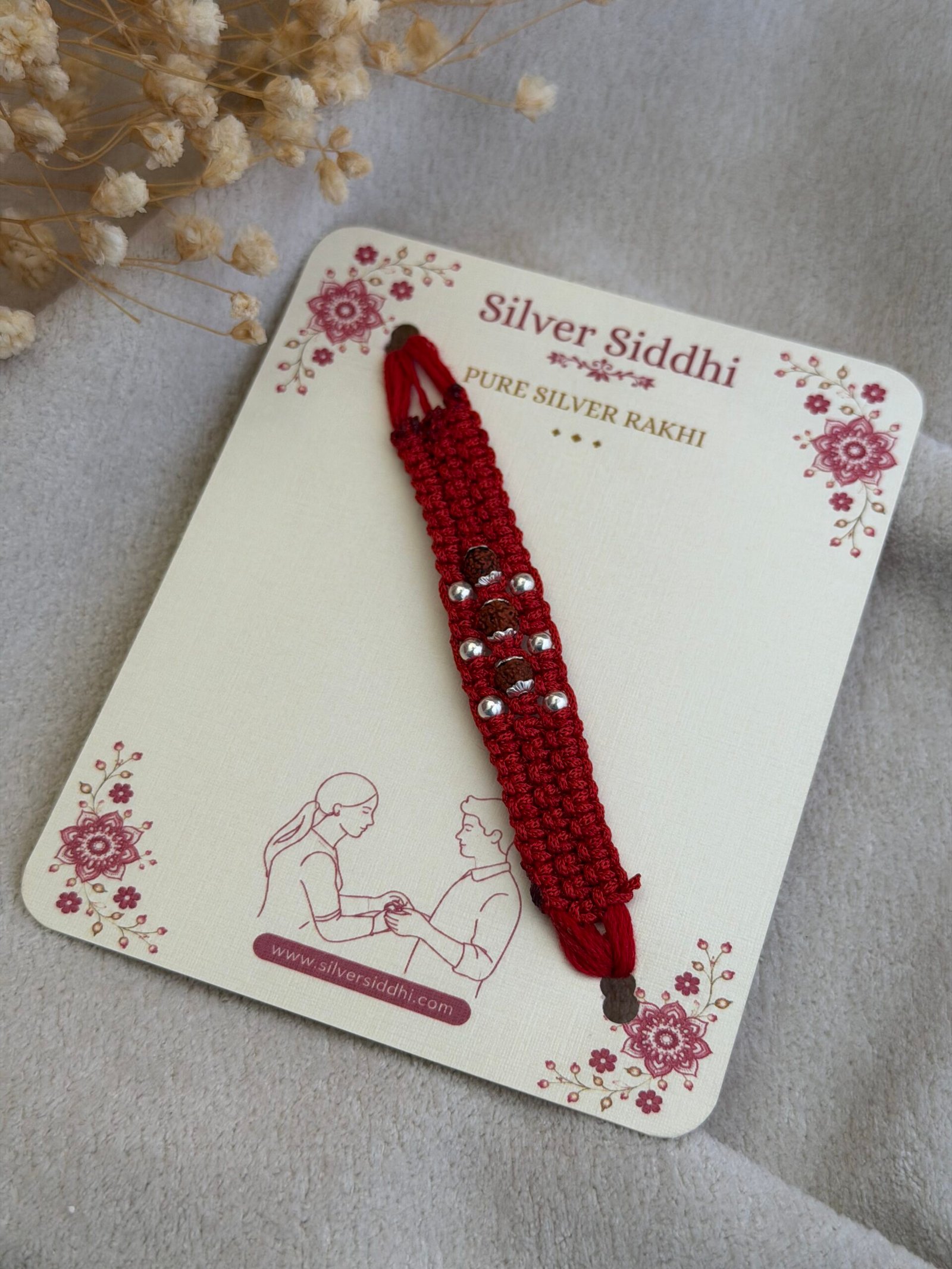 3 Rudraksha wide strip red silver rakhi - Image 3