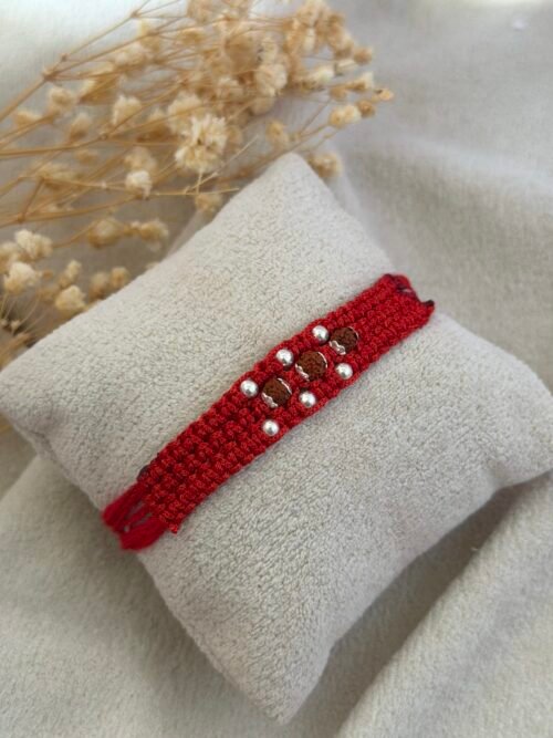 3 Rudraksha wide strip red silver rakhi