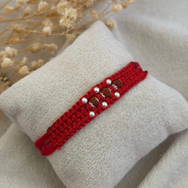 Silver Rudraksha Rakhi Wide Strip Red