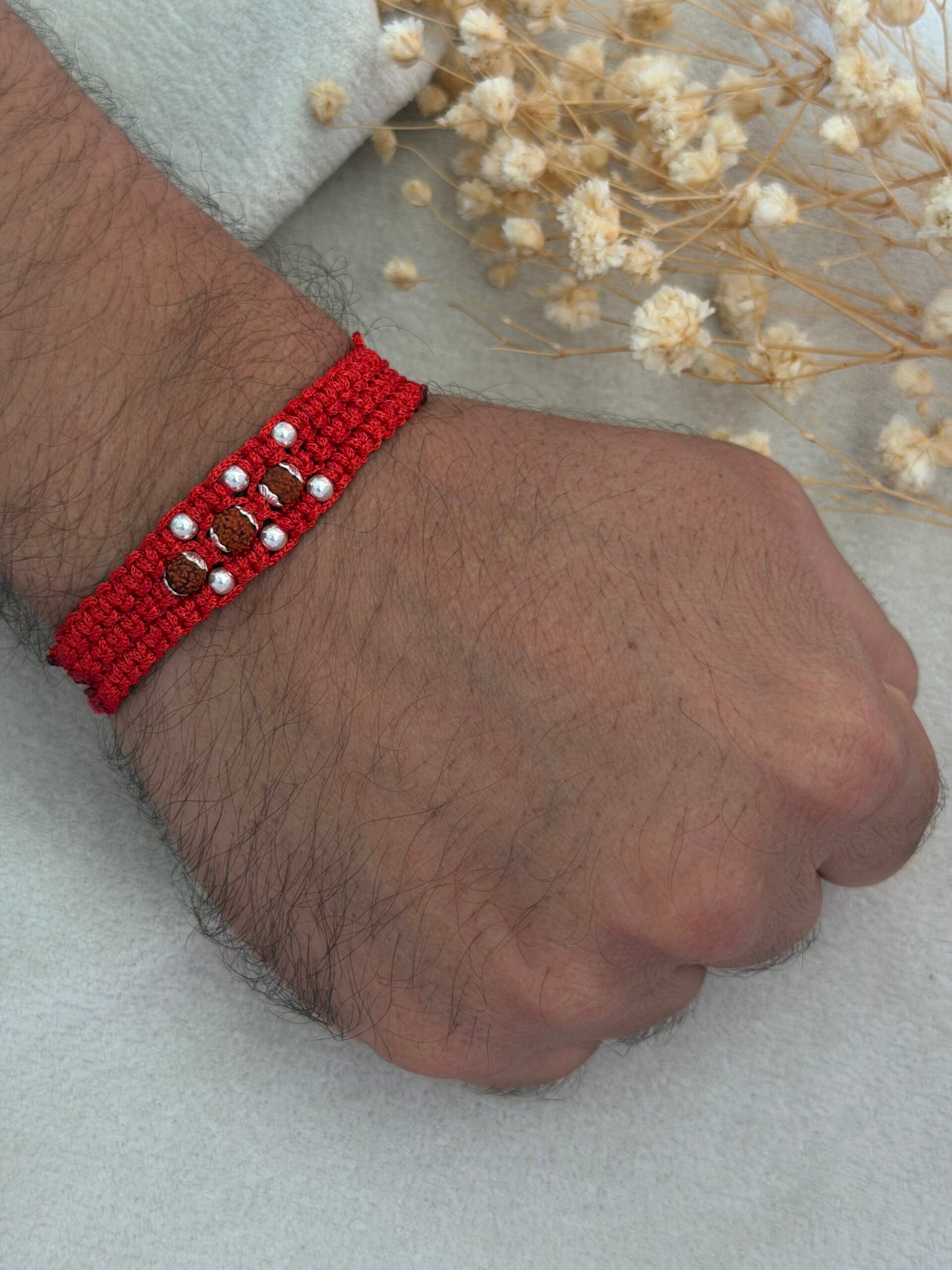 3 Rudraksha wide strip red silver rakhi - Image 2