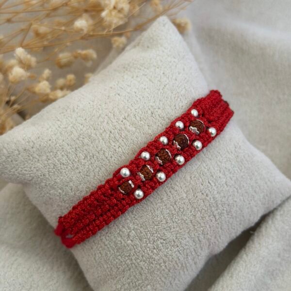 5 rudraksha wide strip moli silver rakhi