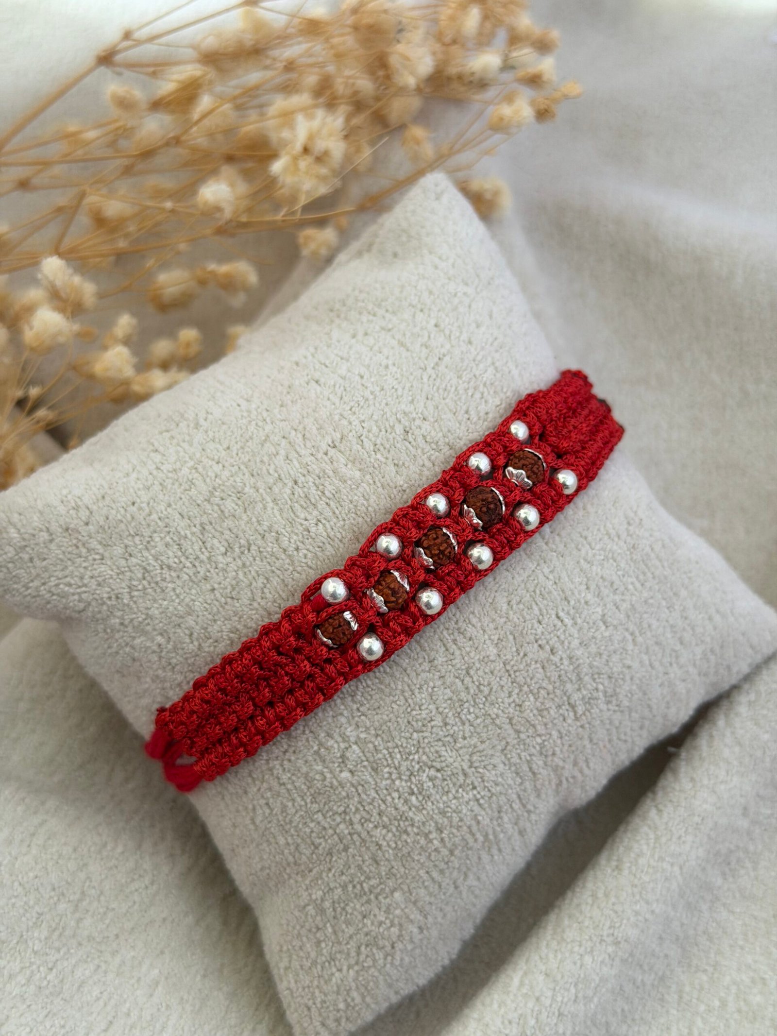 5 rudraksha wide strip moli silver rakhi