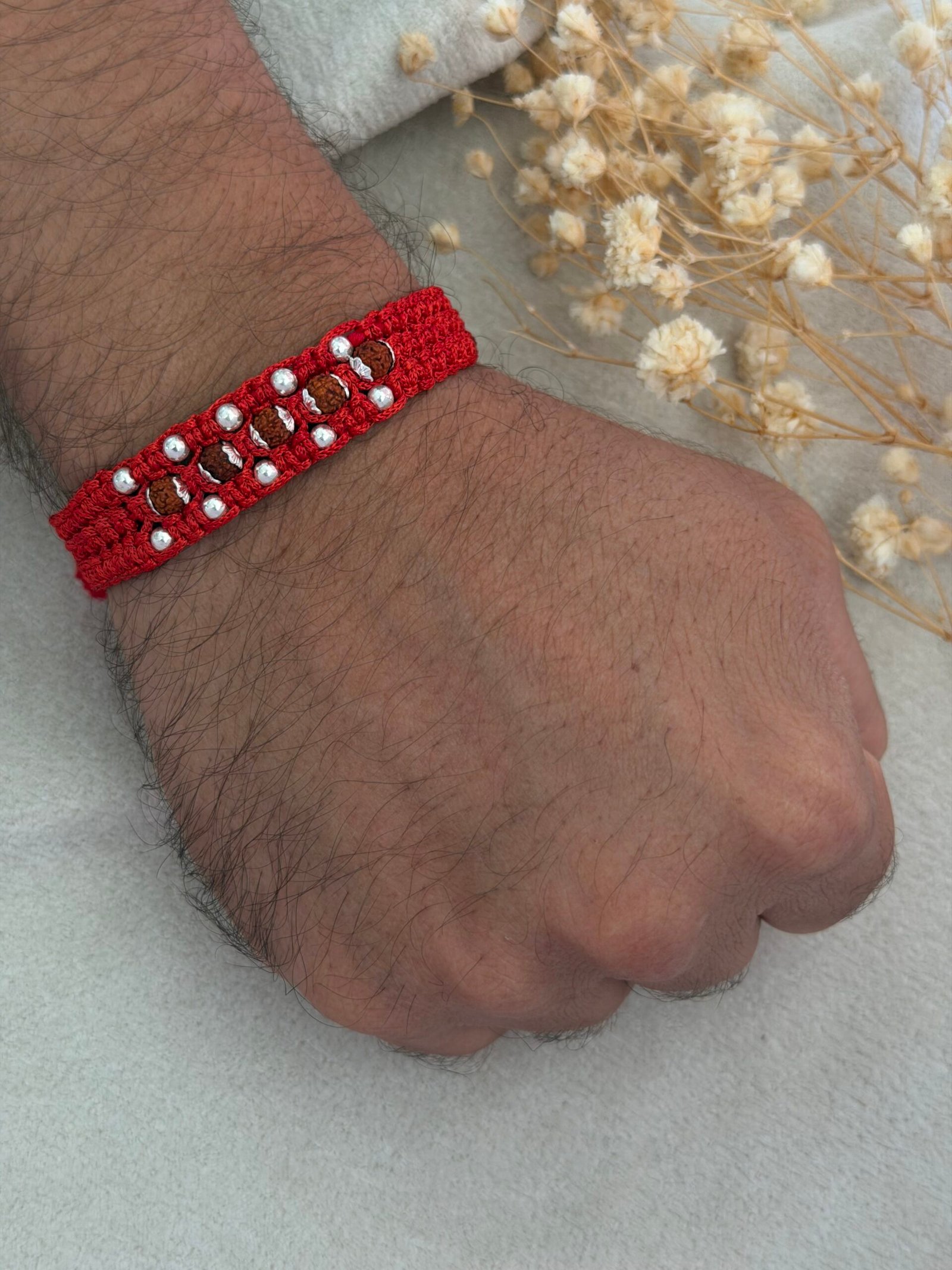 5 rudraksha wide strip moli silver rakhi - Image 2