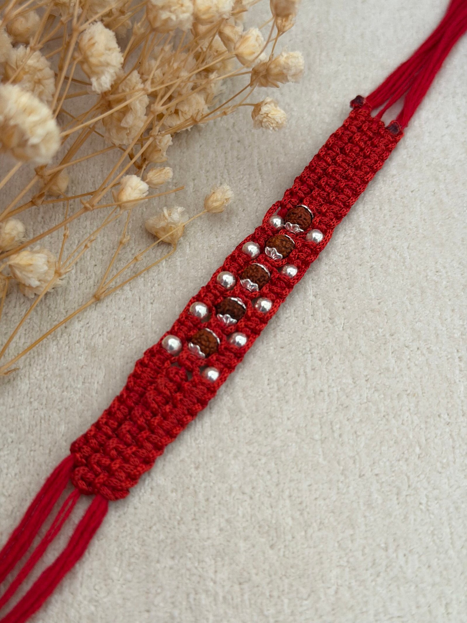 5 rudraksha wide strip moli silver rakhi - Image 4