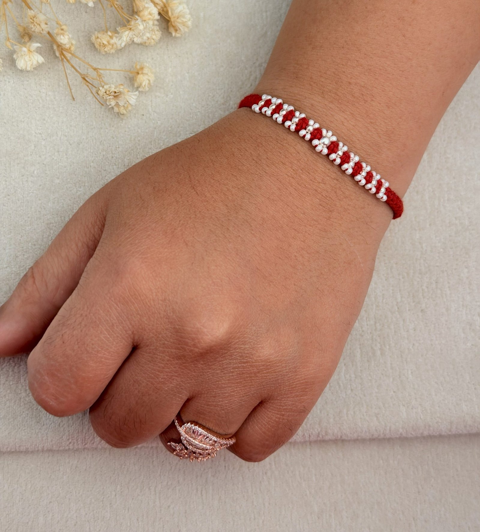 Floral Red Silver Rakhi - Image 5