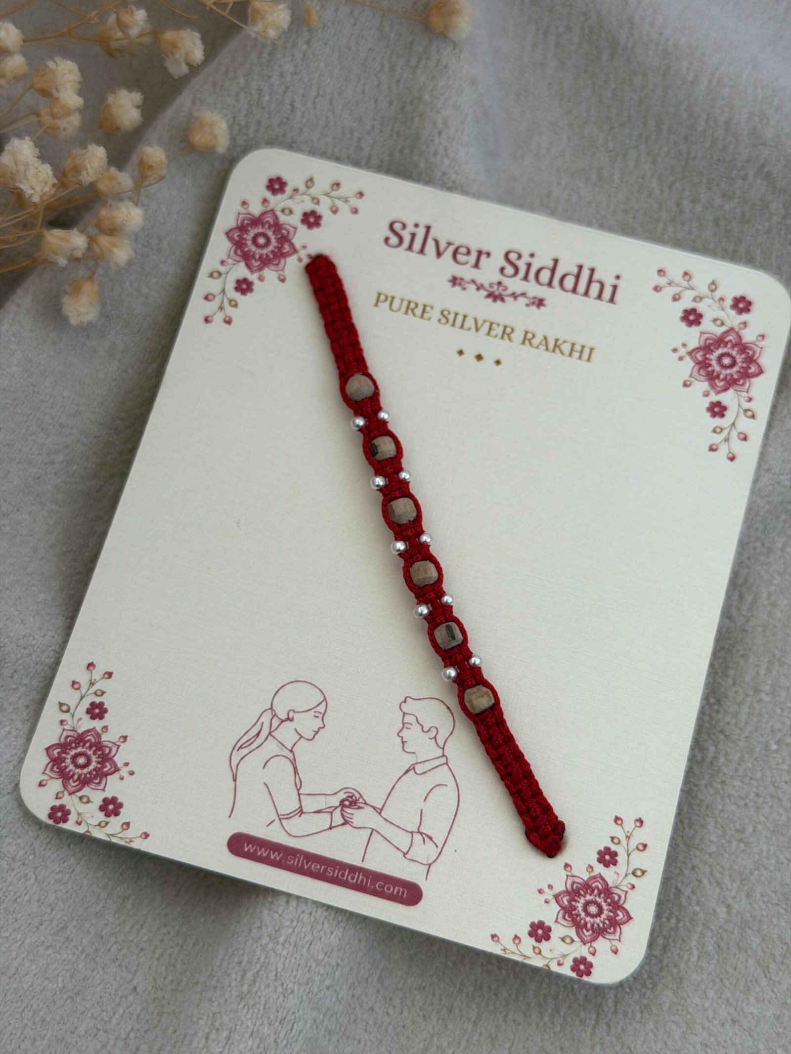 Tulsi beads red silver rakhi - Image 3