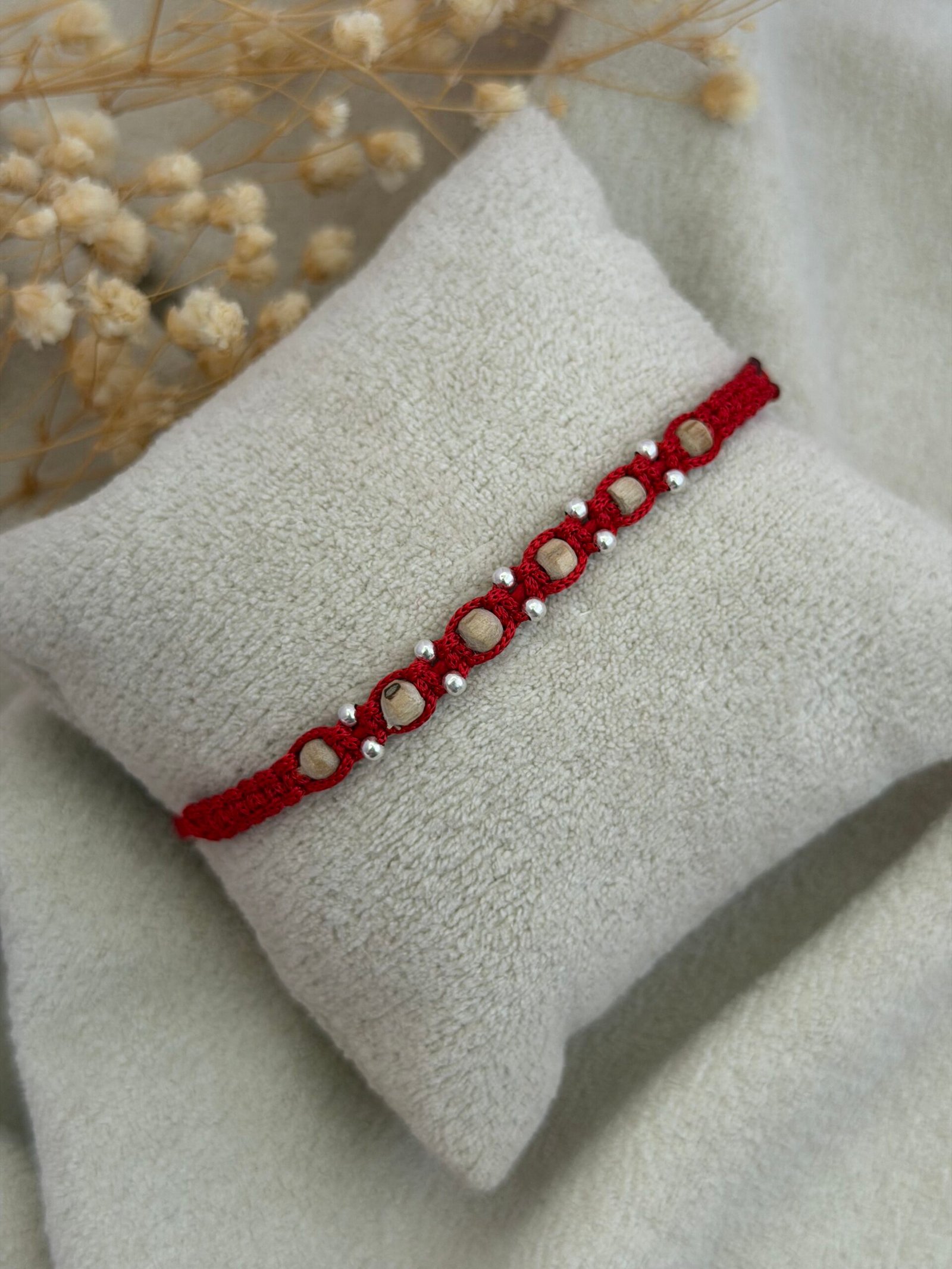 Tulsi beads red silver rakhi