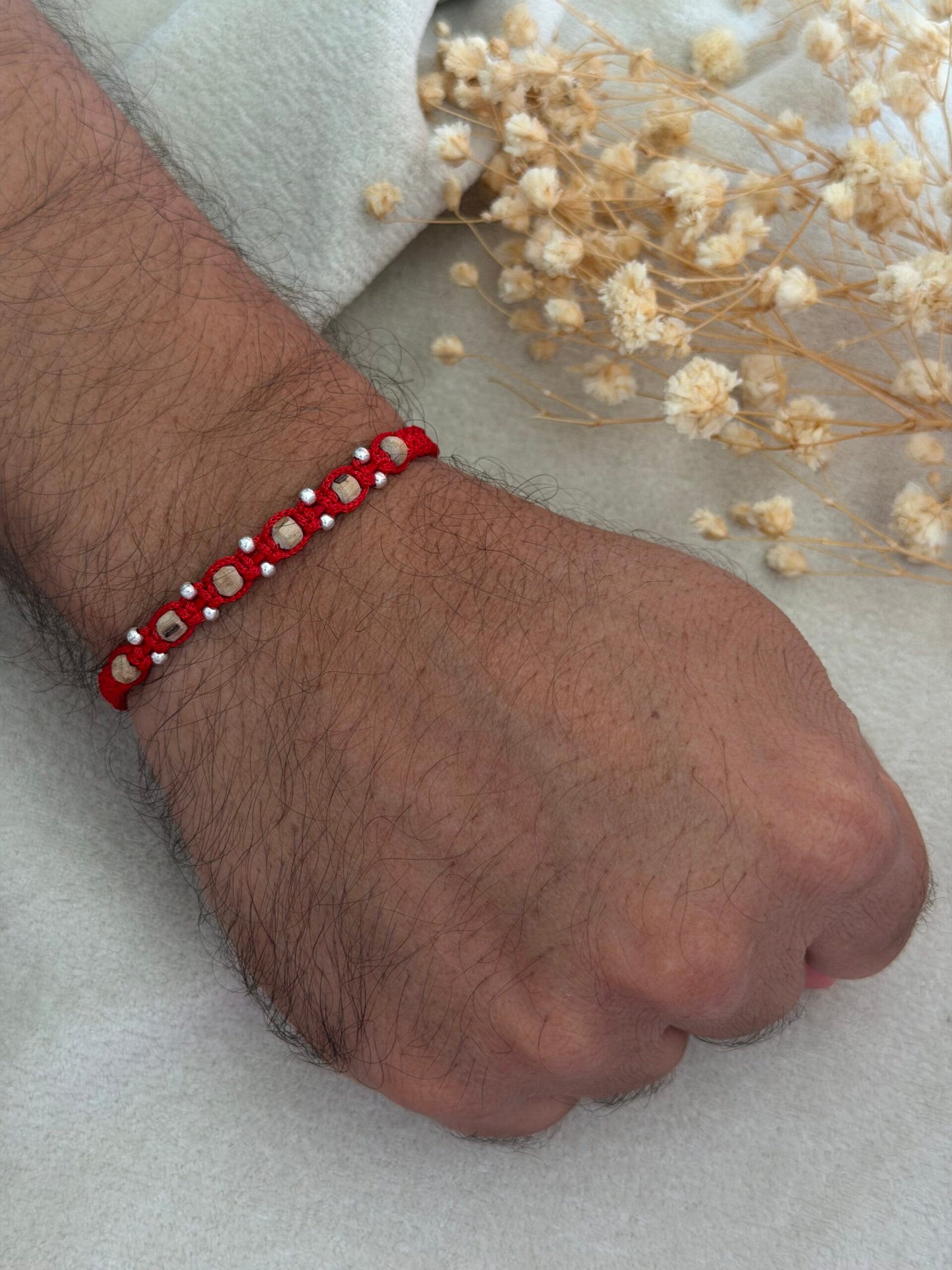 Tulsi beads red silver rakhi - Image 2