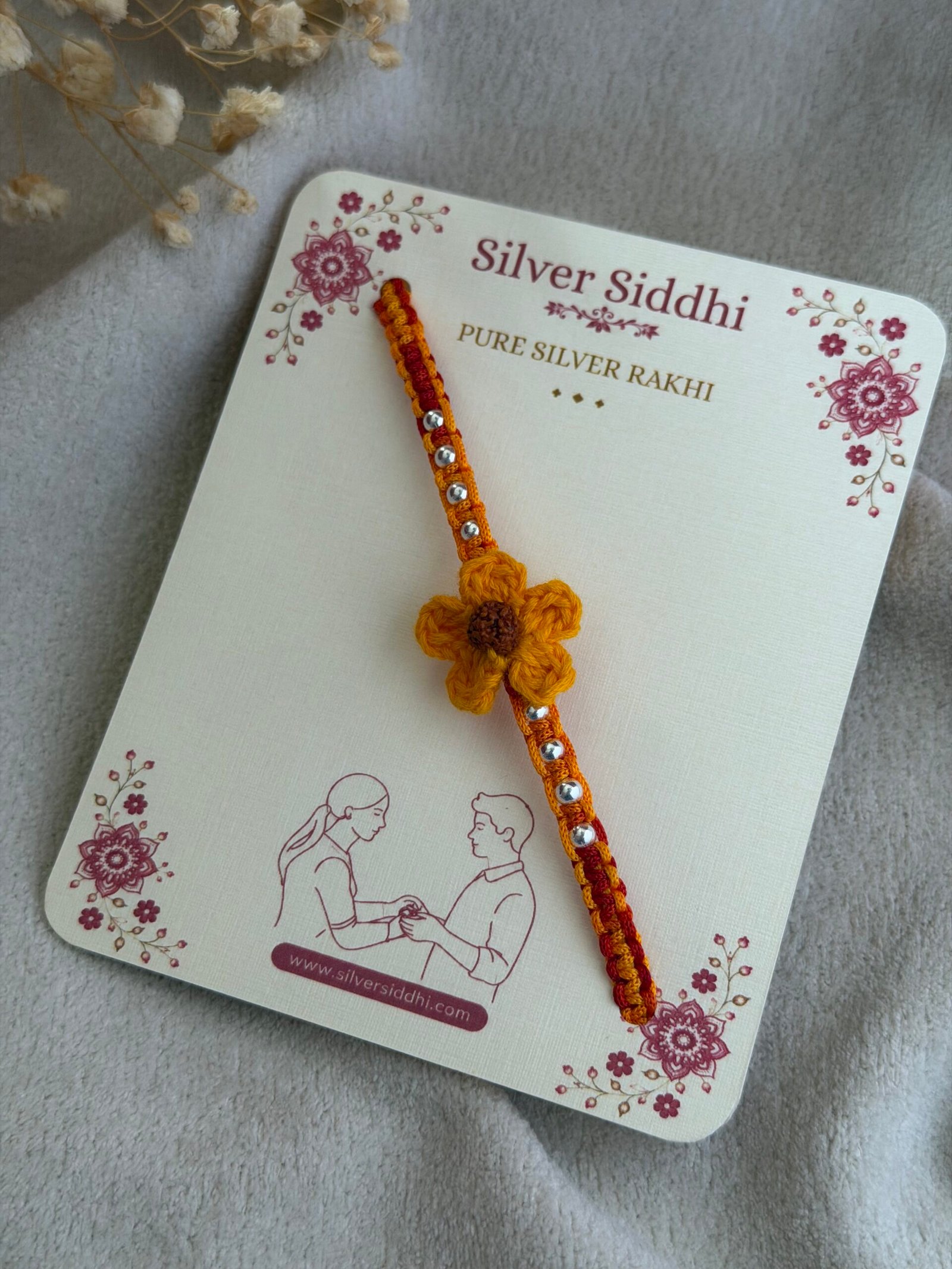Rudraksha Crochet Flower Silver Rakhi - Image 3