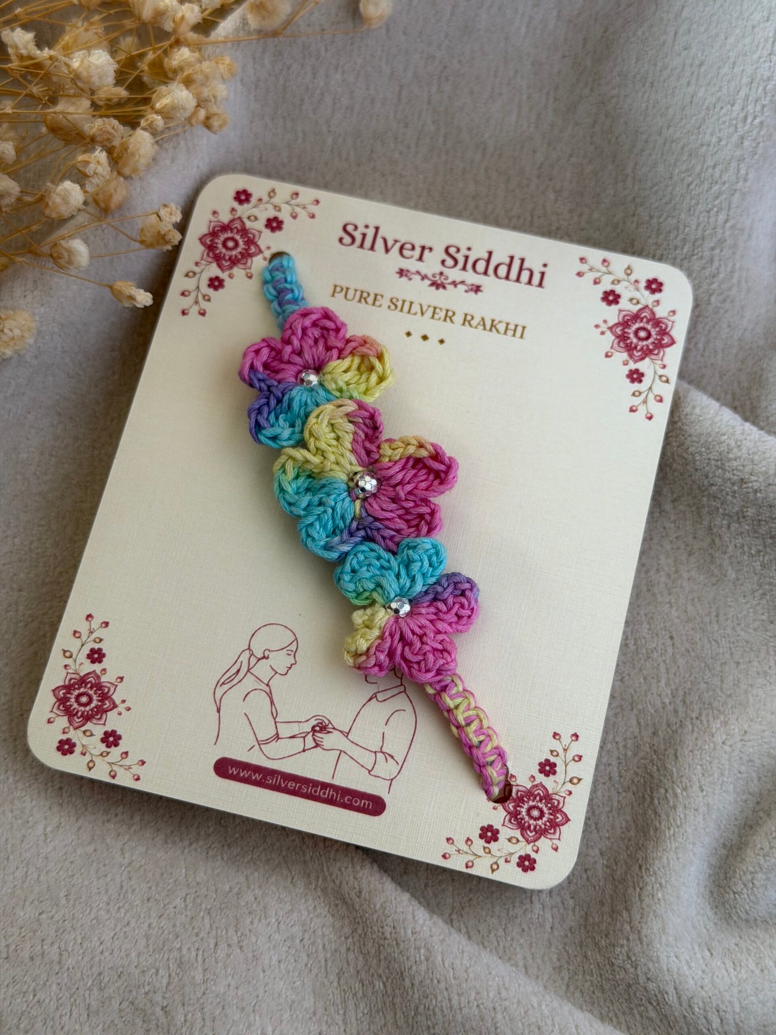 Pastel color Crochet Flower Silver Rakhi - Image 3