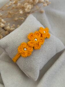 Yellow Crochet Flower Silver Rakhi