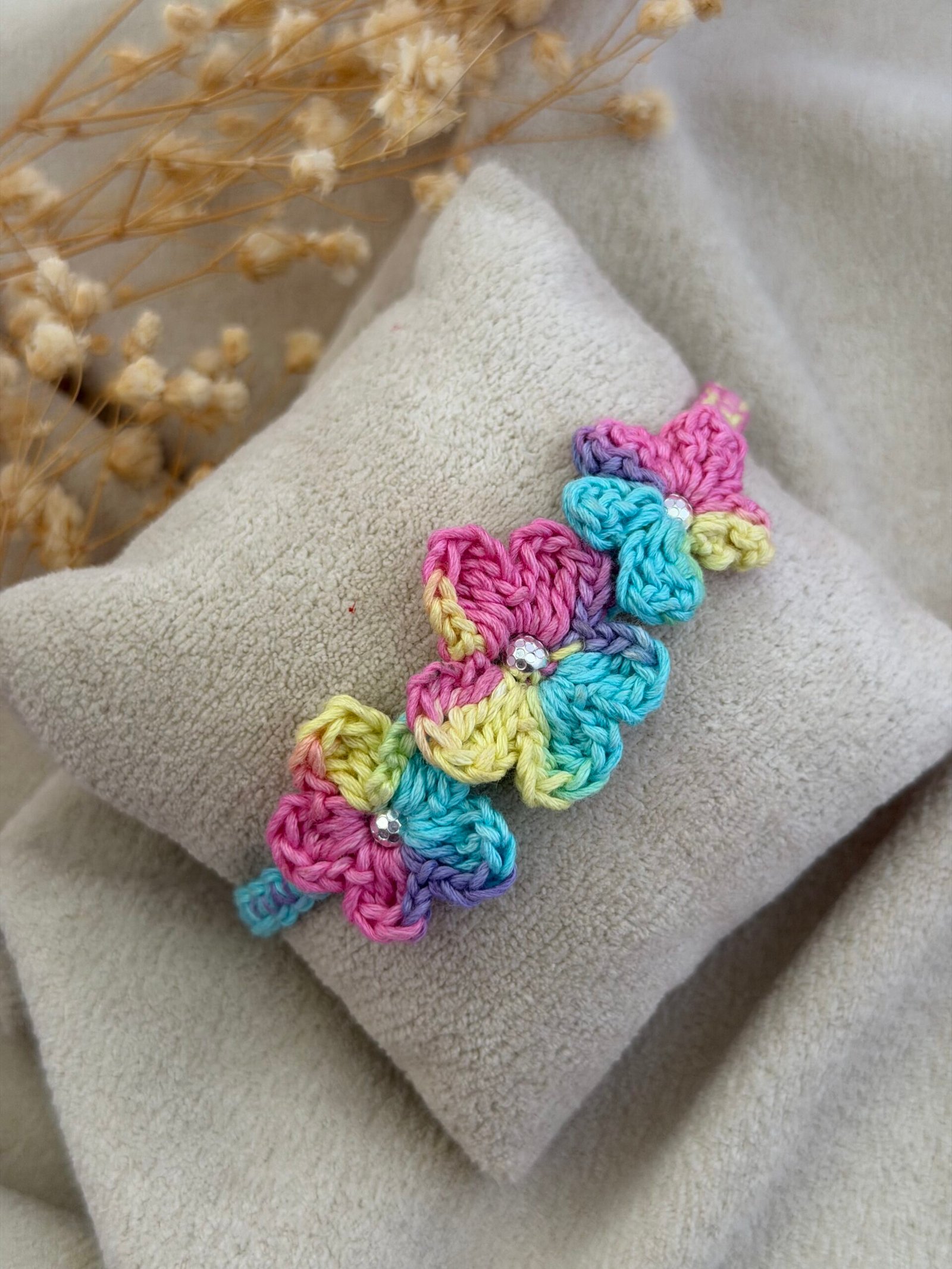 Pastel color Crochet Flower Silver Rakhi