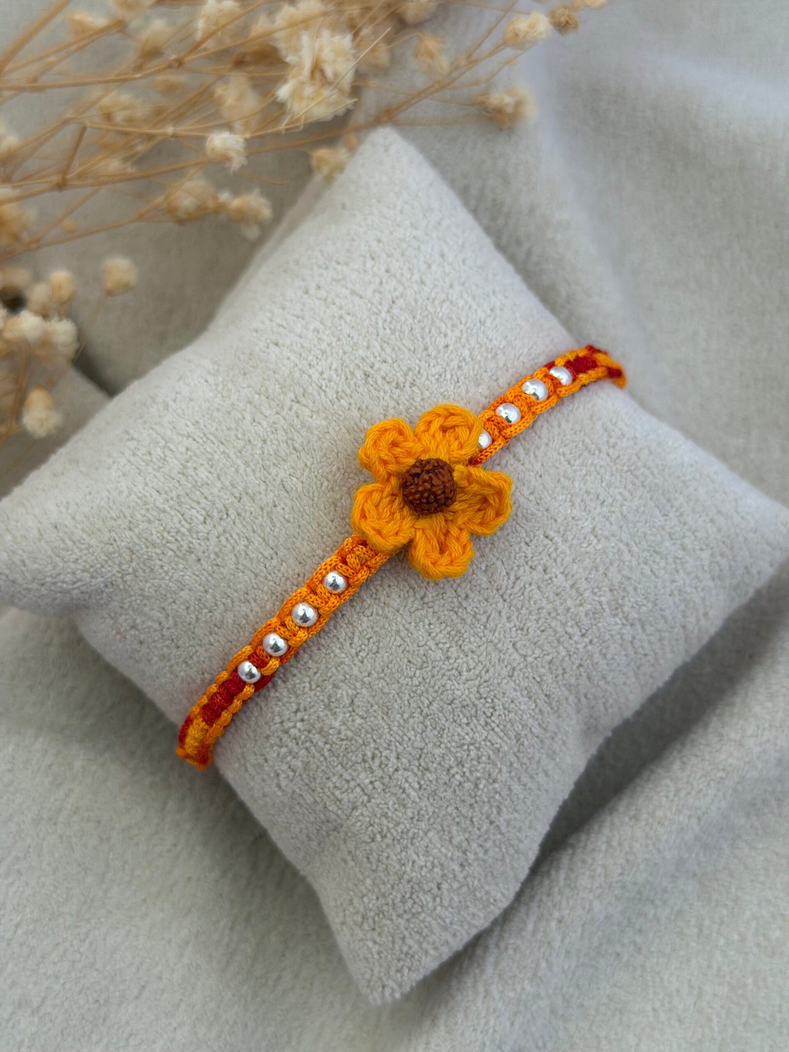 Rudraksha Crochet Flower Silver Rakhi