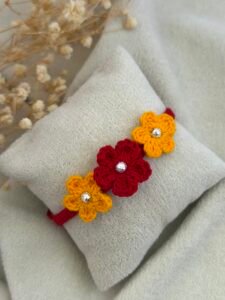 Red Yellow Crochet Flower Silver Rakhi