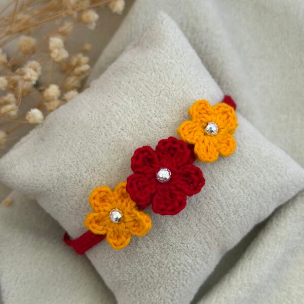 Red Yellow Crochet Flower Silver Rakhi