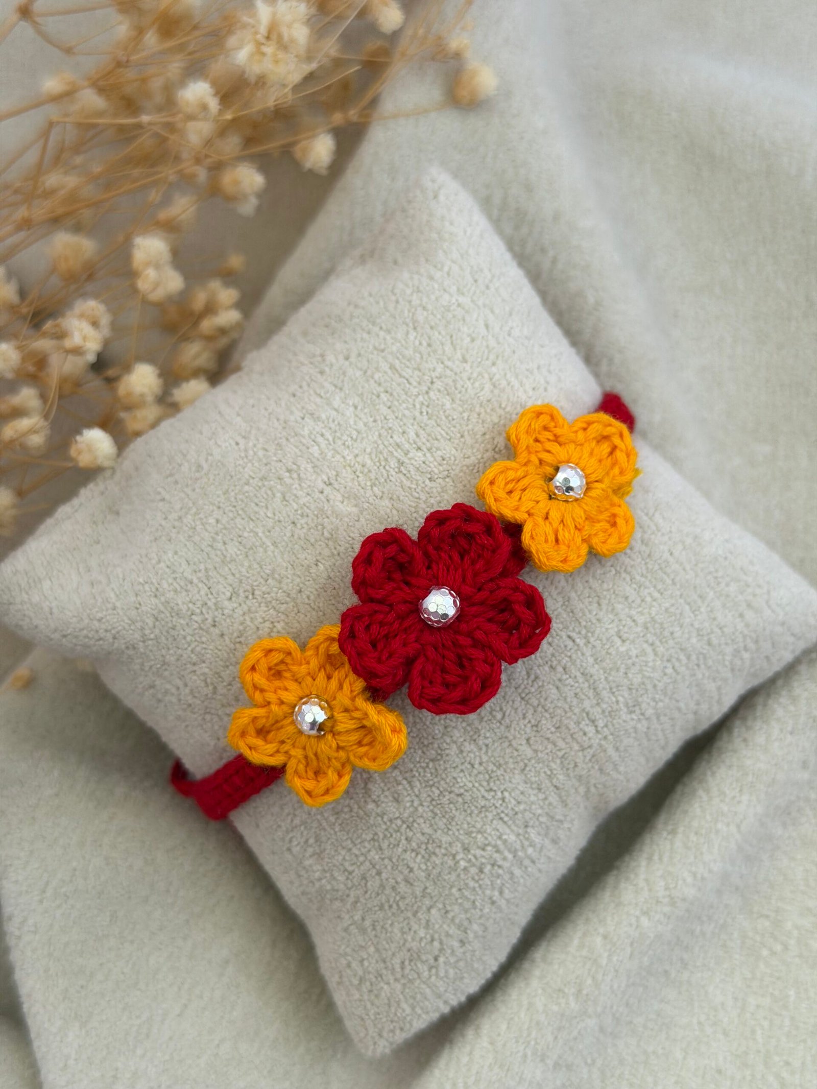 Red Yellow Crochet Flower Silver Rakhi