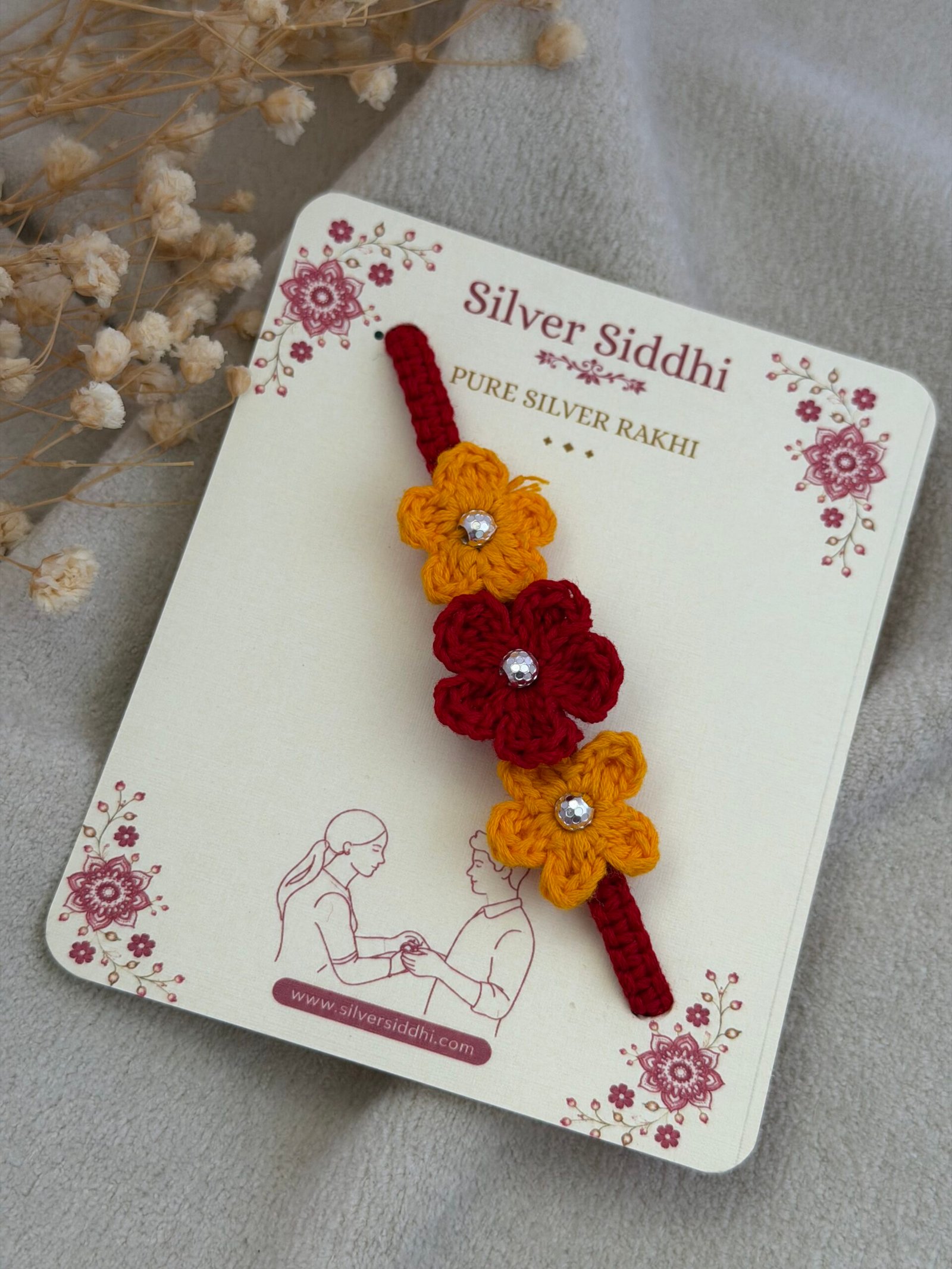 Red Yellow Crochet Flower Silver Rakhi - Image 3