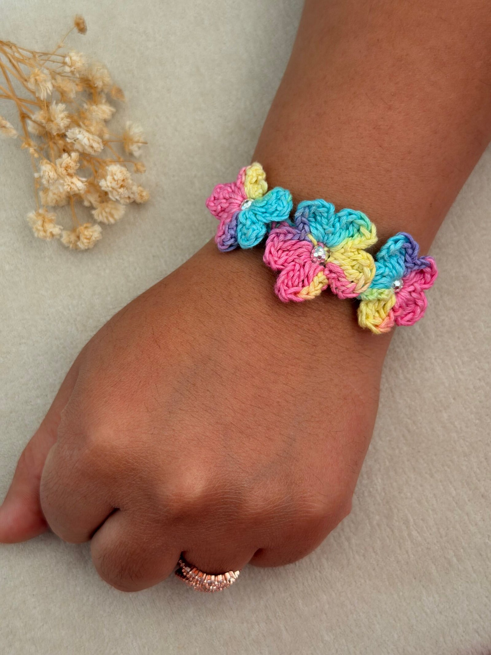 Pastel color Crochet Flower Silver Rakhi - Image 4